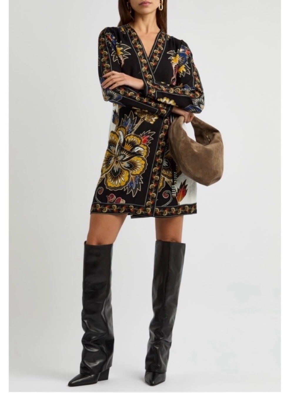 FARM Rio Floral Border Print Long Sleeve Wrap Minidress in Maxi Floral Black - Picture 14 of 16